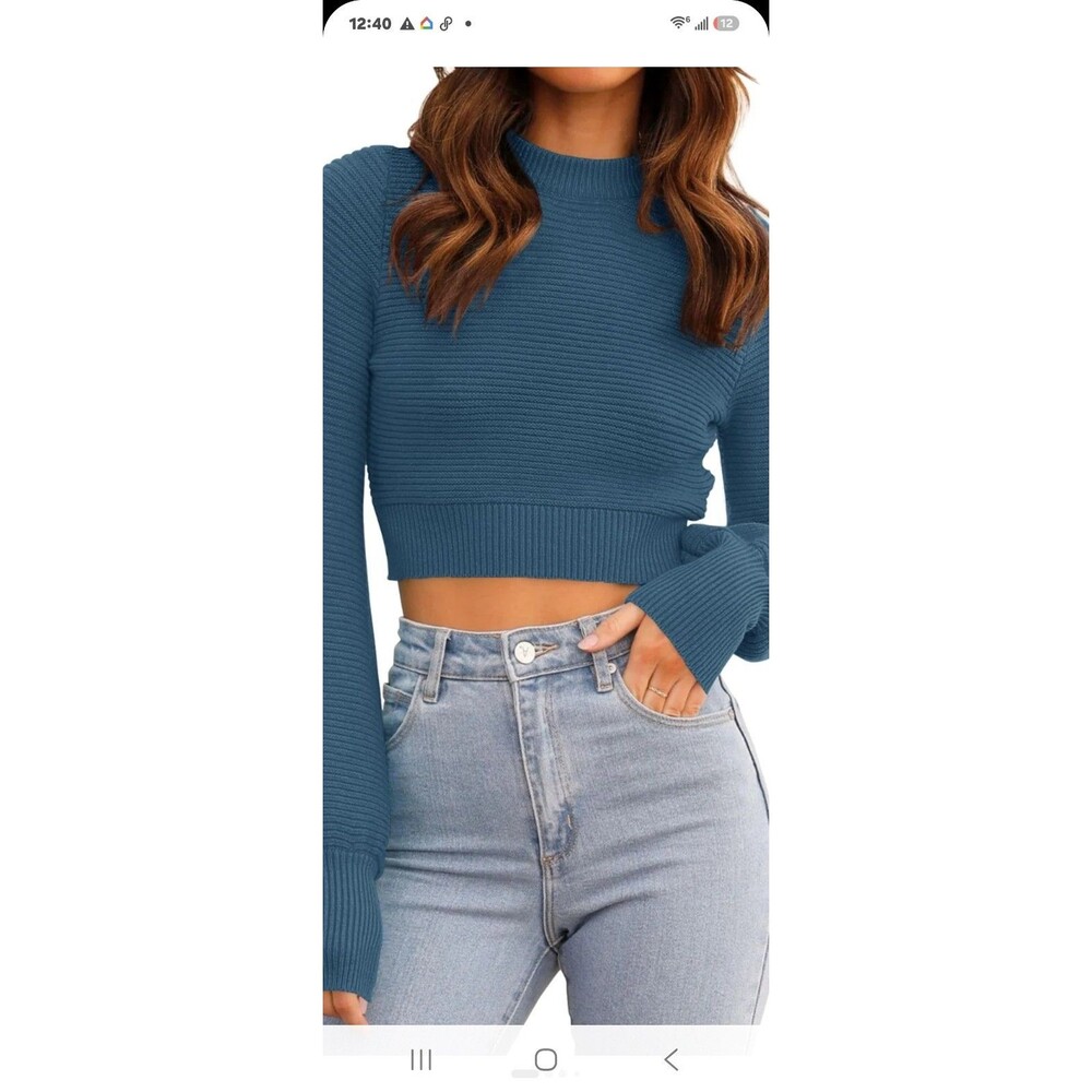 ZESICA Women Blue Knit Cropped Mock Neck Long Sleeve Pullover Sweater M NWT